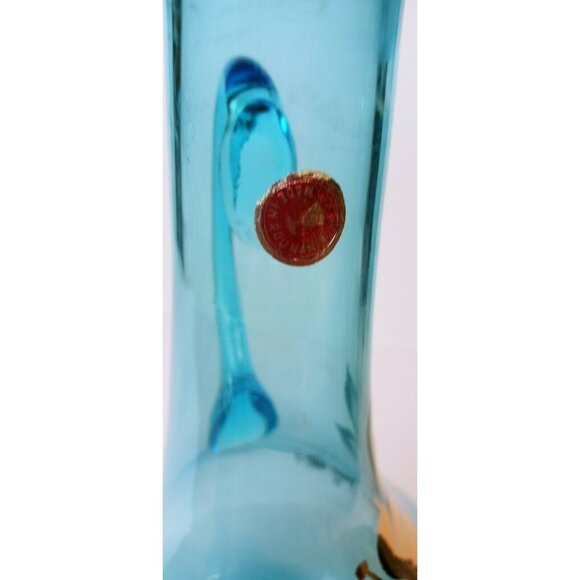 Aqua Blue Romanian Glass Decanter With Gold Floral Design & Handle - Picture 7 of 12